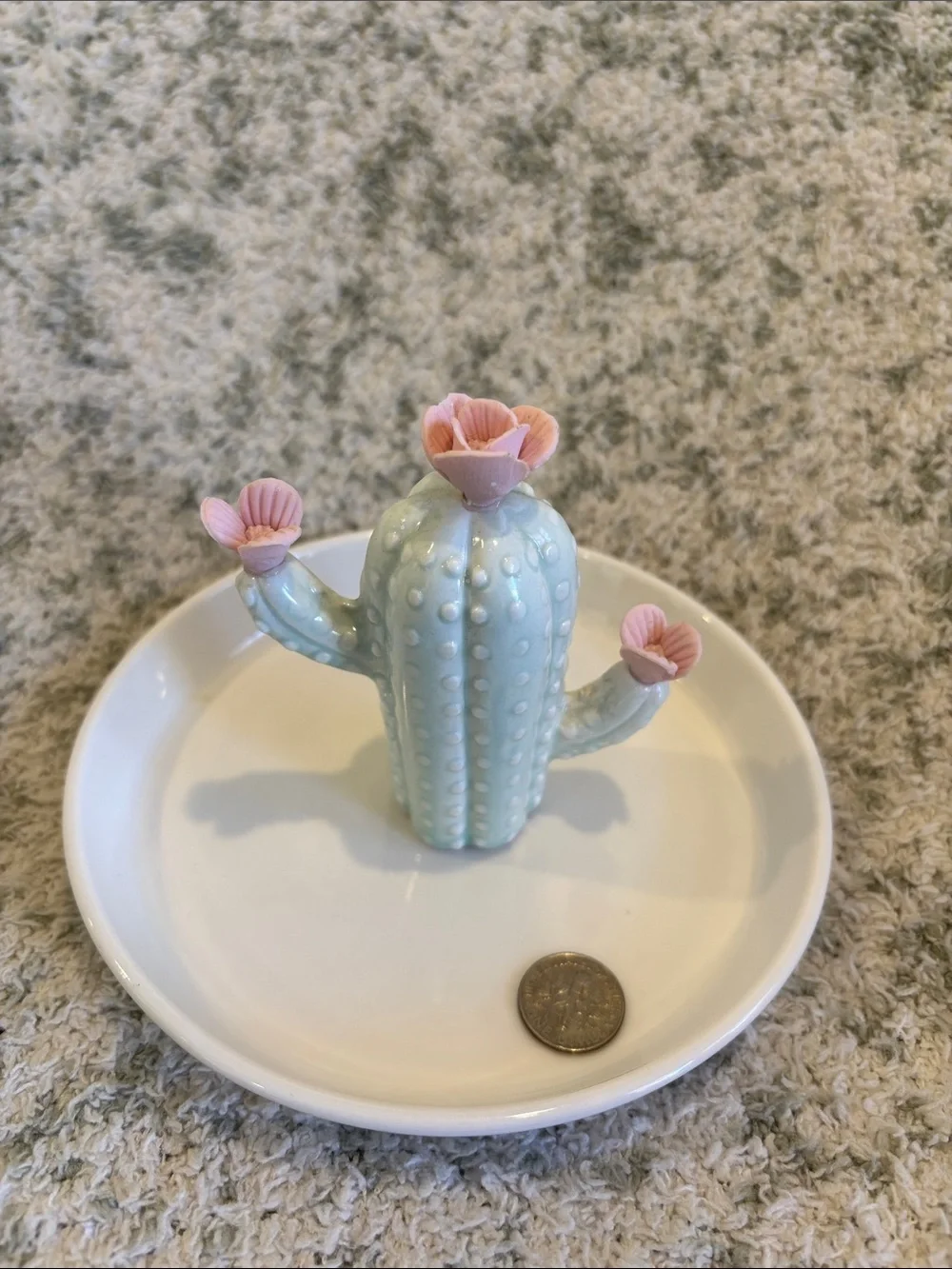 Pretty Mint Cactus Pink Flowers Ceramic Trinket Jewelry Dish NWT 5.5”